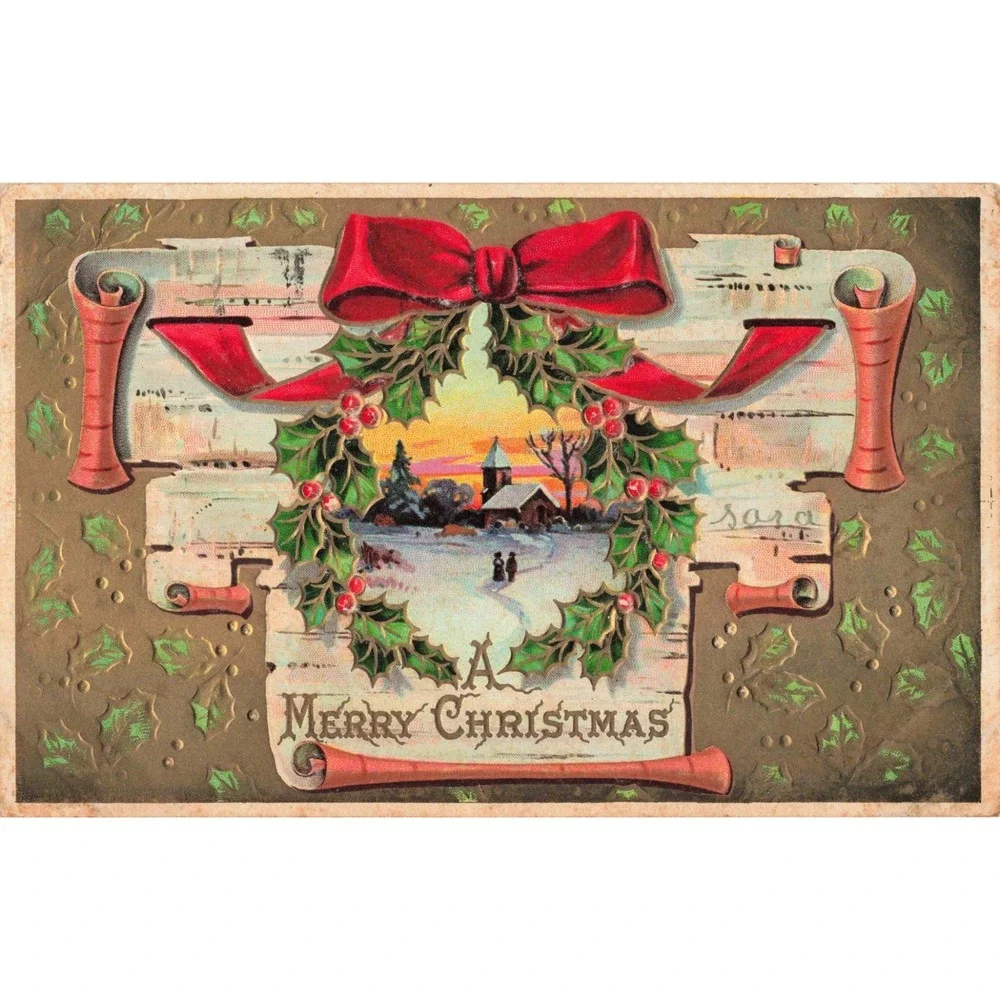 Vintage 1910 Embossed Christmas Postcard Winter Church Wreath Gilded H Wessler